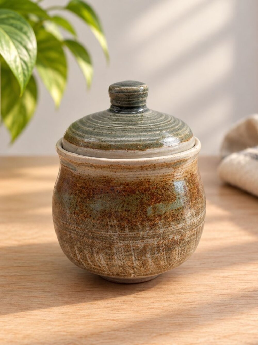 Handmade Ceramic Lidded Jar With Rustic Glaze Signed By Artist Vintage Collectib